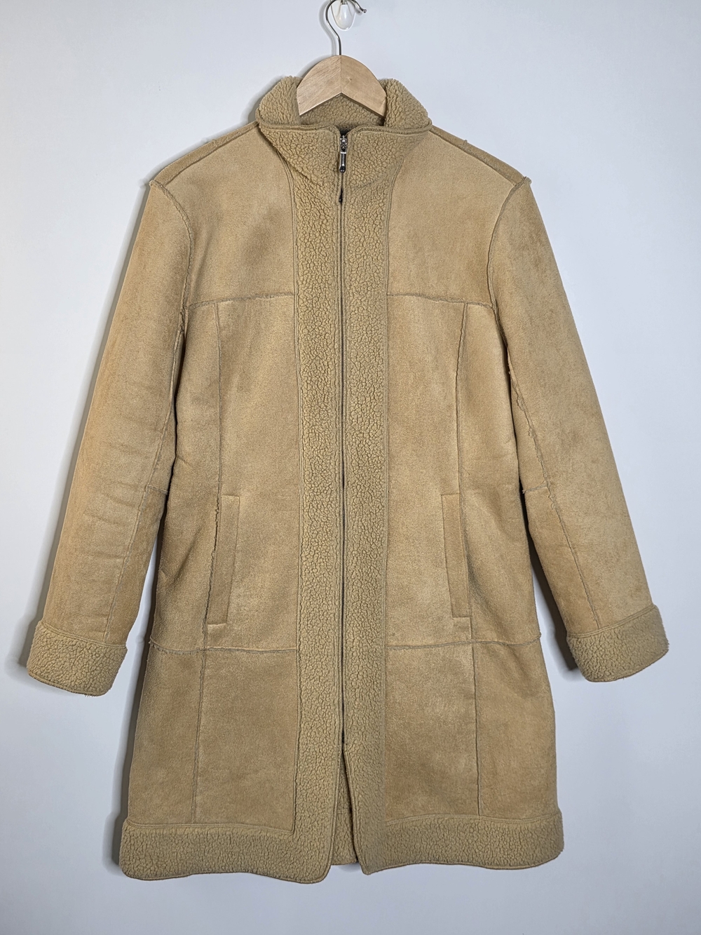 Metropolis Tan Faux shearling Long Zip front Penny lane jacket Size Med